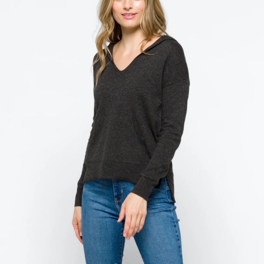 Lusso Chloe Cashmere Dark Gray Hooded Sweater Size Small